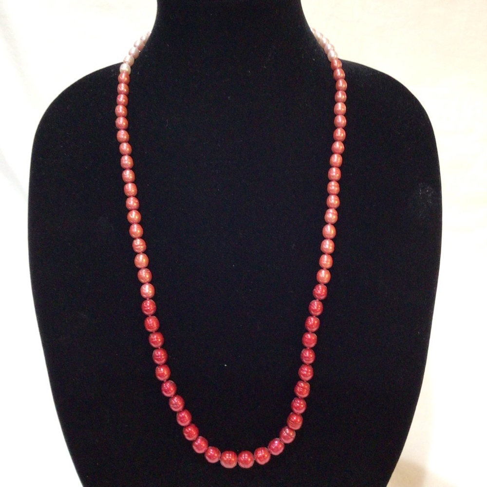 Honora Red Pink Ombré 29” Freshwater Pearl Necklace .925 clasp